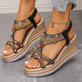 National Wind Beaded Wedge Heels Sandals Women Chunky Platform Slip On Gladiator Sandals Woman Plus Size 43 High Heel Sandalias