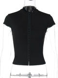 FDYOUI Y2K Streetwear Covered Buttons Black T-shirts for Women Sexy Fashion Short Sleeve Corset Ladies Slim Crop Tops Tee Shirt