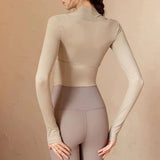 Women's Long Sleeve Fitness Sports Top Elegant Dance Yoga Shirt with Chest Cushion Small Waistband for Gym Speed up Short