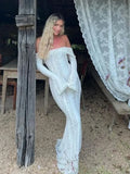 Off Shoulder White Lace Party Dress Flare Sleeve Bowknot Party Maxi Dress Sexy Elegant Summer Bodycon Vestidos Embroidery Robe