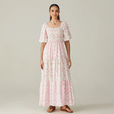 Women Summer Long Dress Floral Print Square Neck Short Sleeve Fashion Casual Bohemian Holiday Beach Dresses