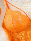 Vibrant Orange Lace Netting Sleep Skirt Set - French Deep V Straps Transparent Sexy Sleep Pantie Two-Piece Set ZA825096
