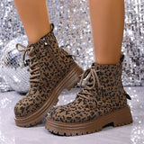 Fashion Leopard Print Platform Ankle Boots Women Lace Up Thick Sole Crystal Short Booties Mujer Round Toe Zipper Modern Boots