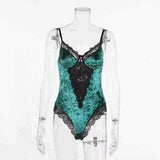 Women’s Red Velvet Lace Bodysuit Lingerie – Deep V Neck One-Piece Teddy with Black Lace Trim, Sexy Slim Fit Nightwear