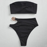Metal Chain Ribbed Female Bandeau Swimsuit High Waist Bikini Women Swimwear Two-pieces Bikini set Asymmetric Bathing Suit Swim