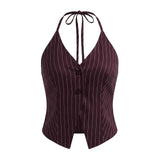 Women’s Striped Print Halter Tank Tops Summer Fashionable V Neck Backless Button Down Vest