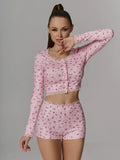 Summer Floral Lace Trim Pajama Set Women's Sleepwear Short Sleeve Top and Shorts Casual Comfortable Loungewear