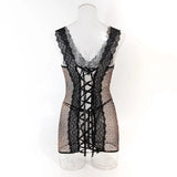Toucheart 2PCS Lace See-through Hollow Out Sexy Interesting Thin Model Pajamas Panty Slim High Waisted Women Sexy Pajamas Set