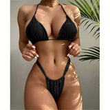 Wrinkled High Cut Mini Micro Thong Bikini Women Swimwear Female Swimsuit Two-pieces Bikini Set Halter Bather Bathing Suit Swim