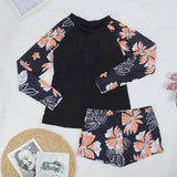 Women Two Pieces Vintage Print Rash Guard Swimwear Long Sleeve Shirt Shorts Surf Top Retro Print Running Shirt Split Swimsuit