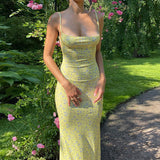 Women's Summer Sexy Bodycon Dress Spaghetti Strap Sleeveless Backless Slim Fit Floral Printed Long Dresses