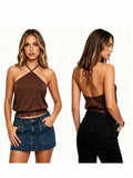 Women's Summer  Slim Fit Going Out Halter Tank Tops Lace Trim Hem Sleeveless Backless Vest