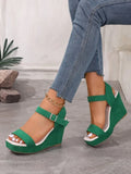 2026 New Platform Wedge Sandals Solid Color Round Headed Square Buckle  High-heeled Sandals