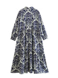 Foridol Blue Flower Print Vintage Casual Shirt Dress Women 2025 Single Breasted Loose Boho Maxi Long Vestidos Dresses Fashion