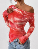 Women's Off-Shoulder Ruffled Sleeve Long-Sleeve Top with Asymmetrical Tie-Dye Mesh Asymmetrical Pleated Floral Print T-Shirt