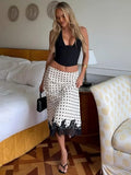 FDYOUI Elegant Polka Dot White Skirts for Women Chic Low Waist Lace Patchwork Mid-calf Skirt Office Lady Slim Dress Streetwear