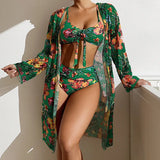Sexy High Waisted Bikini 3 Pieces Floral Printed Swimsuit Size 3XL-S Women Bikini Set With Mesh Long-Sleeved Blouse Super Sales