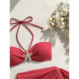 3PCS With Sarong Metal Star Halter Bikini Female Swimsuit Women Swimwear Three-Pieces Bikini Set Bather Bathing Suit Swim V7042