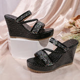 Gold Shiny Sequin Wedges Sandals Women Plus Size 42 Summer Chunky Platform Slippers Woman Crystal High Heel Party Shoes Ladies