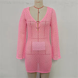 V Neck Long Sleeve Hollow Out Crochet Knitted Tunic Beach Cover Up Cover-ups Beach Dress Beach Wear Beachwear Female Women V7643