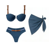 3Pcs Denim Printed Bikini 2026 Women Sexy Swimsuit Leather Strap Swimwear Bandeau Biquini Female Push Up Bathing Suit Beachwear