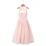 French Style Backless Cross-strap Halter Neck Dress For Women With Hard Mesh Panels Waist-cinching Pleated Large Hem Casual FYR0