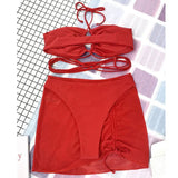 Wrap Around with Mesh Sarong Skirt Bikini Female Swimsuit Women Swimwear Three-pieces Bikini Set Beachwear Bathing Suit Swim