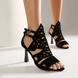 2026 Summer New Women's Black High Heels Made of Suede Leather with Exposed Toes and Thin Heels Suitable for Date Wearing