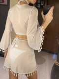 S - XL With Tassel Skirt Long Sleeve Bikini Women Swimwear Female Swimsuit Four-pieces Bikini set Bather Bathing Suit Swim V7060