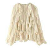 Foridol Ruffles Tiered V Neck Blouse Women Summer Spring Long Sleeve Casual Blusa Chiffon Blouses Buttons New in Female Top 2025