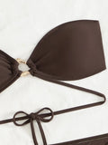 With Sarong Skirt Bandeau Bikini Women Swimwear Female Swimsuit Three-pieces Bikini Set Metal Rings Bathing Suit Swim Beachwear