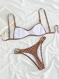 Sexy Brown Floral Print Bikini Set Women Beaded String Strap Push Up Bra Thong Swimsuit 2026 Summer Bathing Suit Micro Swimwear