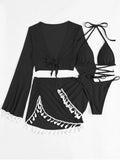 sexy 4pcs boho tassels trim bikinis sets ladies padded bikini set +cover up tops skirts beachwear bathing suit biquini monokini