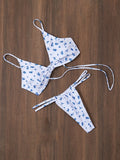 Sexy blue floral print front knot bikinis sets two pieces thong swimsuit Swimwear bathing suit beach outfits biquini tankini