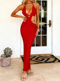 Women Sexy Club Beach Dresses Backless Knitted Dress Sleeveless Halter Hollow Out Bodycon Long Dress Summer