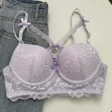 Japanese Lace Bra Set, Heart Pendant Purple Lingerie Sexy & Pure Small Chest Push Up Bralette, Fashion Outerwear Design Enhancer