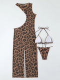 XS - XL Halter Leopard Beach Cover Up Bikini Women Swimwear Female Swimsuit Three-pieces Bikini Set Mini Micro Bathing Suit Swim