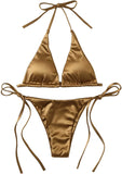 Wrap Around Halter Metallic Satin Bikini Women Swimwear Female Swimsuit Two-pieces Bikini Set Brazilian Bathing Suit Swim Lady