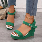 2026 New Platform Wedge Sandals Solid Color Round Headed Square Buckle  High-heeled Sandals
