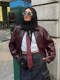Foridol Wine Red Vintage Faux Leather PU Coat for Women Long Sleeve Turn Down Collar Zipper Autumn Winter Coat Jacket