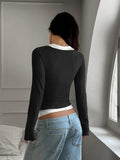 Women's Y2K Fake Two Piece Long Sleeve Cami Top, Fashion Slim Fit Sexy Streetwear T-Shirt