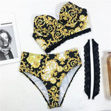 Printed Bra Cup Bandeau Bikinis Female Swimsuit High Waist Bikini Women Swimwear Two Pieces Bikini Set Push Up Bathing Suit Swim