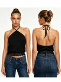 Women's Summer  Slim Fit Going Out Halter Tank Tops Lace Trim Hem Sleeveless Backless Vest