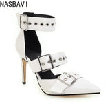 NASBAVI Black Punk Gothic High Heels Sexy Plus Size Pointed Toe Fashion Buckle Rivet Women Pumps Wedding Shoes Stiletto Heels