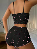 1 Set Women Sexy Pajama Set, Love Heart Print Spaghetti Strap Tops and Shorts, Knit Fabric Sleepwear for All Seasons, Loungewear