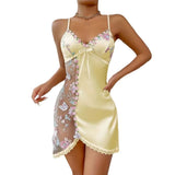Thin Lace Bow Women's Pajama Dress Embroidered Mesh Transparent Ice Silk Suspender Nightdress Split Sleepwear