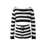 Two Piece Set Women Trendy Knit Outfits Solid Color/Stripe Off Shoulder Tops + Shorts Y2K Beach Casual Sexy Streetwear