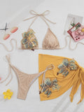 DEKA Micro Thong Swimwear Shiny Sequins Women Swimwear Floral Patchwork 3pcs Bikini Set with Skirt Embroidery Mesh Bathing Suit