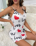 New Sexy Black Nightgown for Women Red Heart  Love Print Satin Lace Trim Mini Chemise Adjustable Spaghetti Strap Lingerie