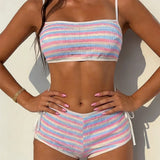 2026 Striped Mid Waist Bikini Female Swimsuit Women Swimwear Two-Pieces Bikini Set Shorts Padded Bather Bathing Suit Swim V8011